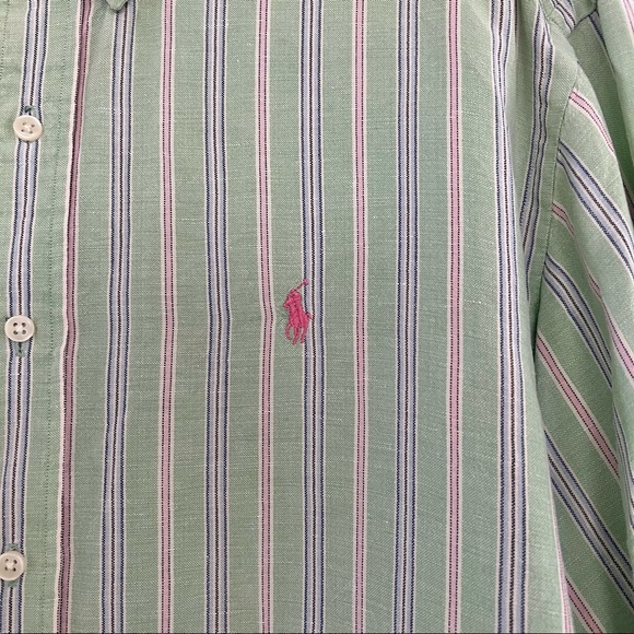 Ralph Lauren Mens Classic Cut Long Sleeve Green Striped Shirt Size XXL - Picture 4 of 7